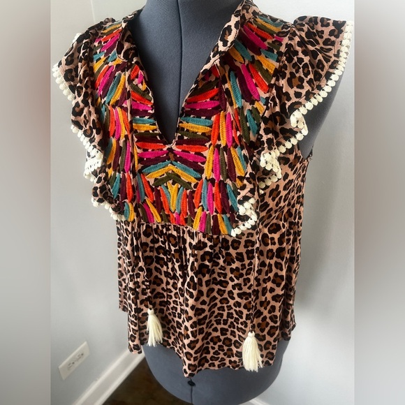 THML Boho Leopard Print Embroidered Tassel Top Sz S Ruffle Sleeve Festival Chic - Picture 11 of 16